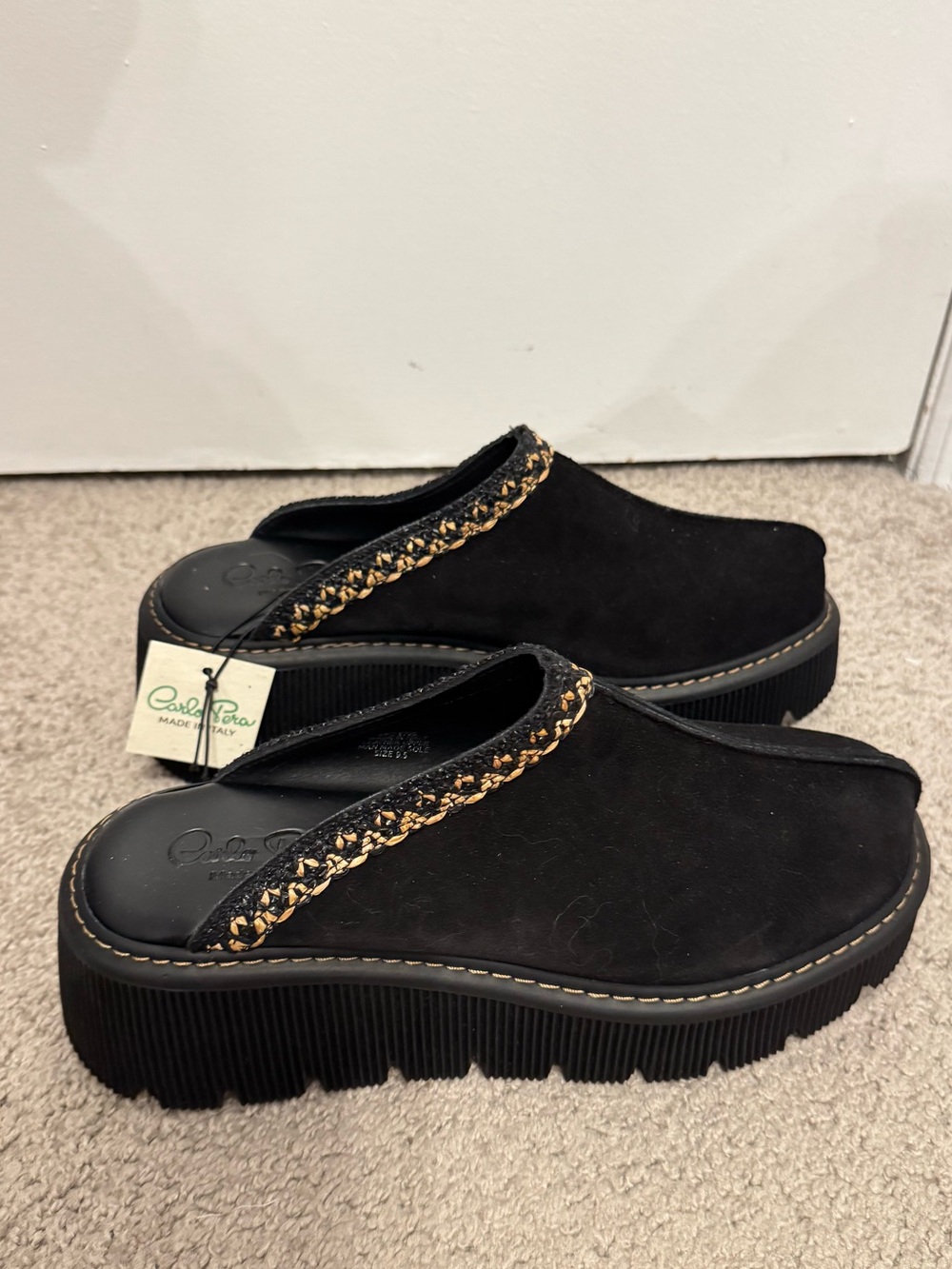 Carlos Pere Chunky Sole Platform Italian Suede Leather Clogs Black Women's 9.5
